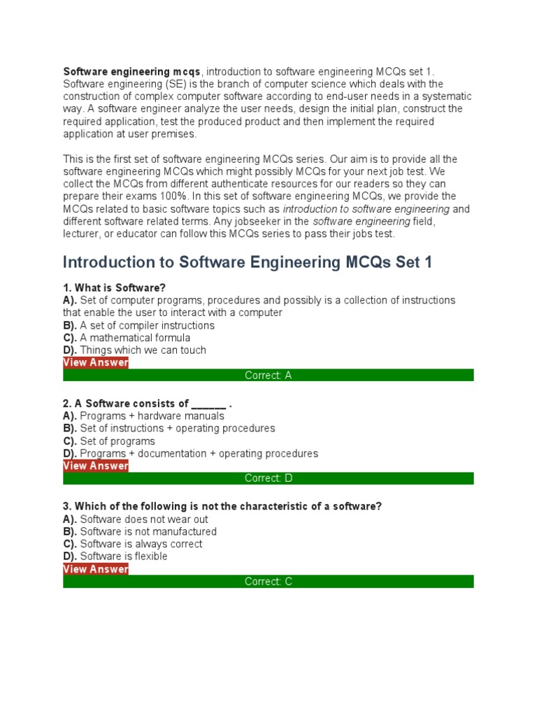 Software Engineering Mcqs Set1 | PDF | Agile Software Development