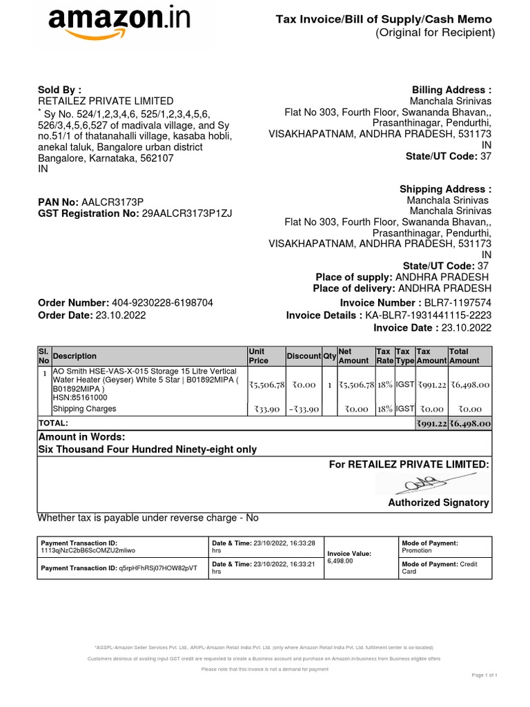 Invoice AO Smith PDF Invoice Trade