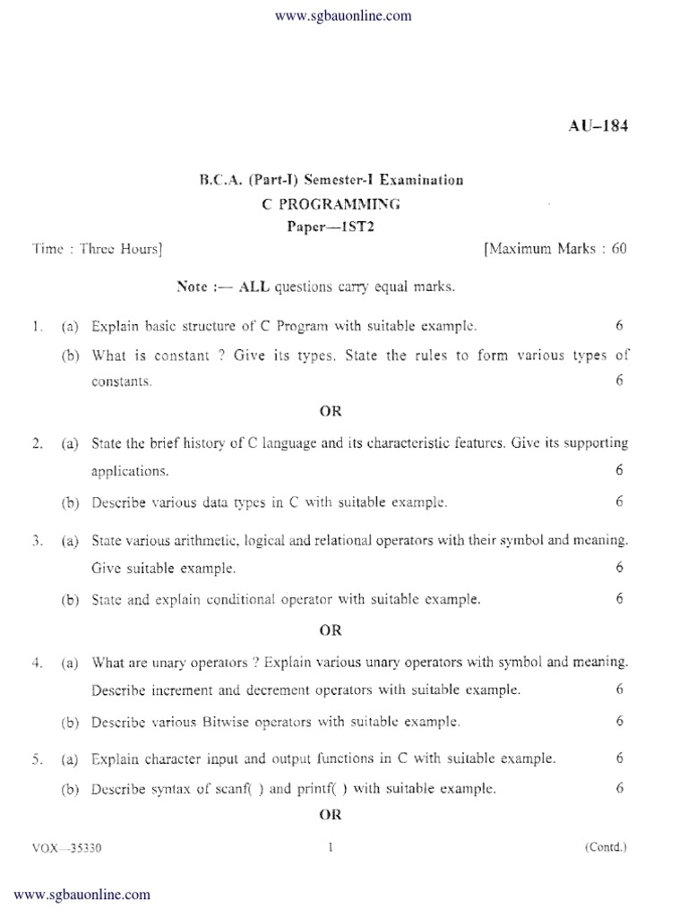 Bca 1 Sem C Programming Summer 2018 | PDF | Pointer (Computer ...