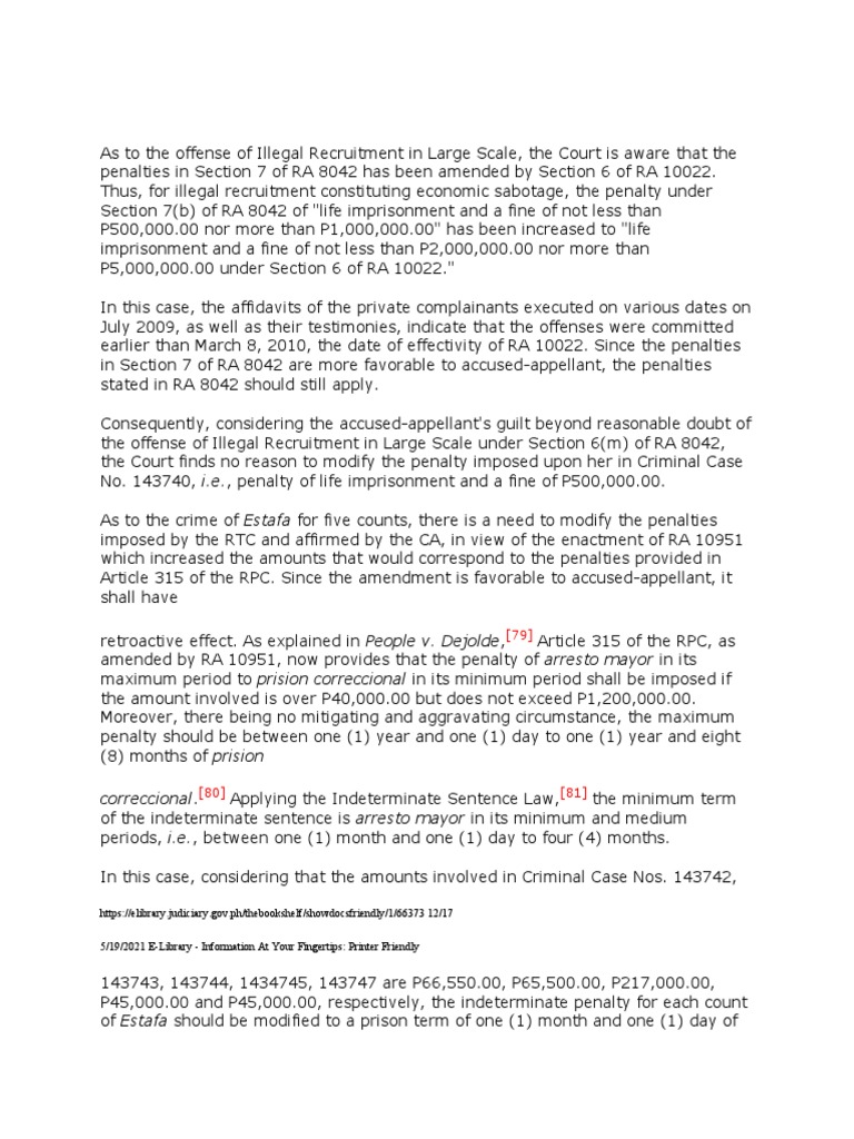 Modification of penalties for illegal recruitment and estafa based on