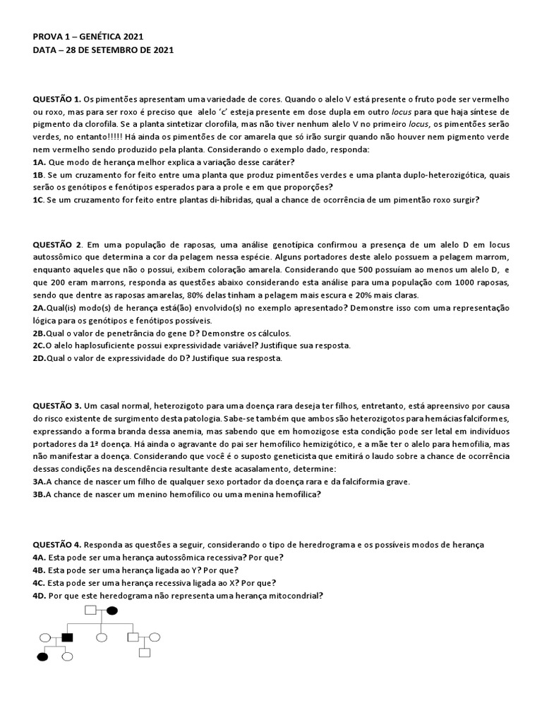 Prova 1 Genetica Pdf Alelo Genótipo