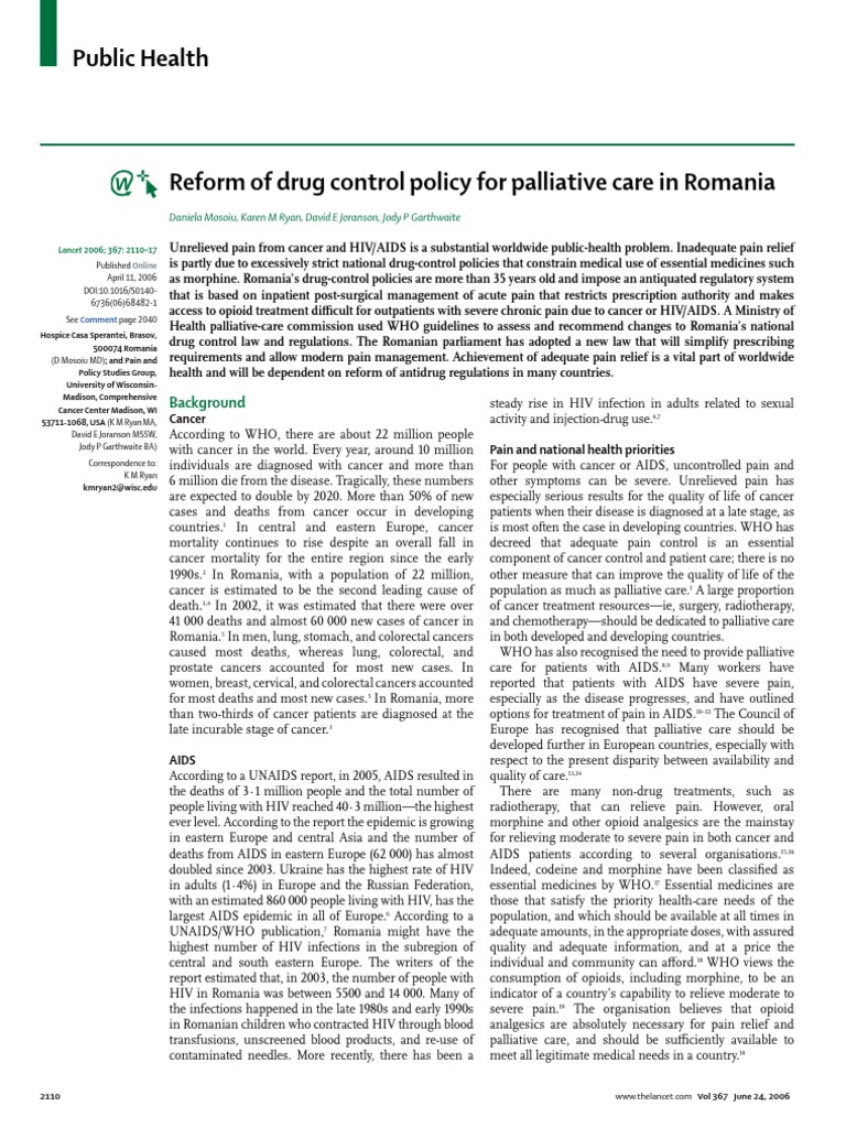 The Lancet 2006 Reform of Drug Control Policy For Palliative Care in