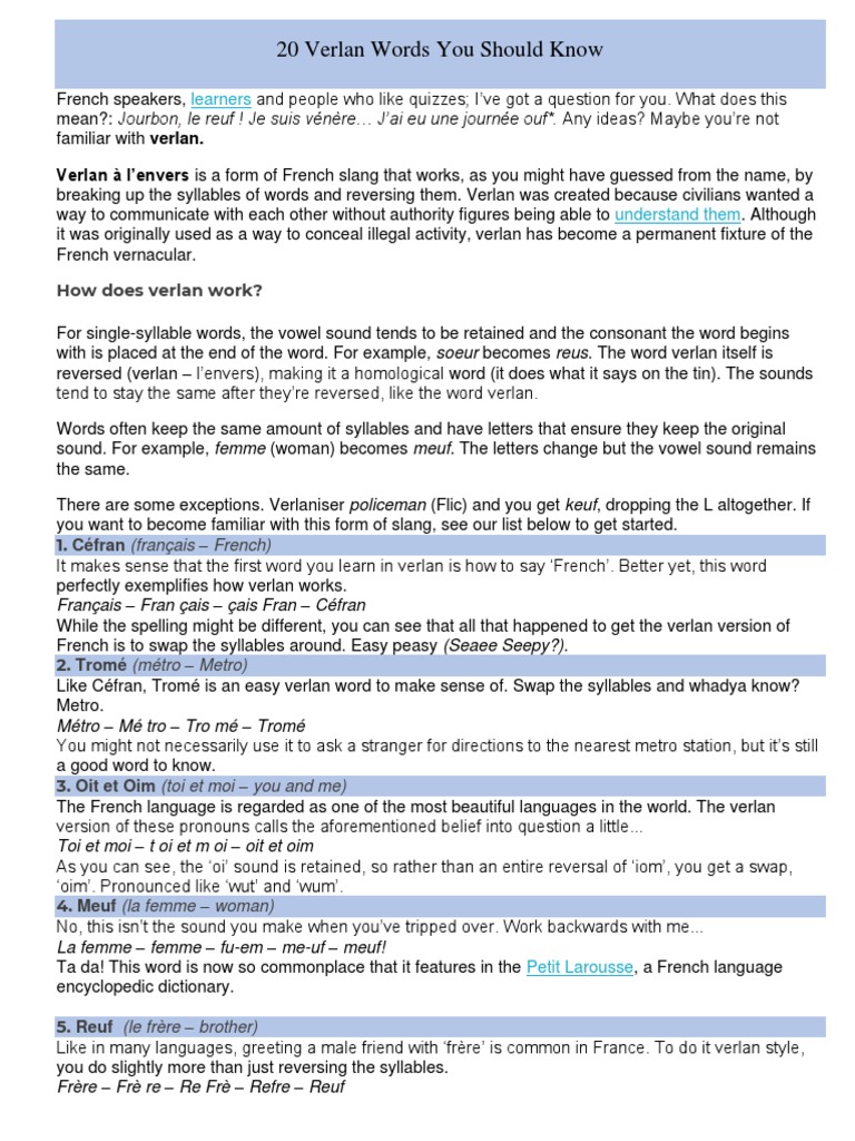 20 Verlan Words You Should Know | Download Free PDF | Linguistics ...