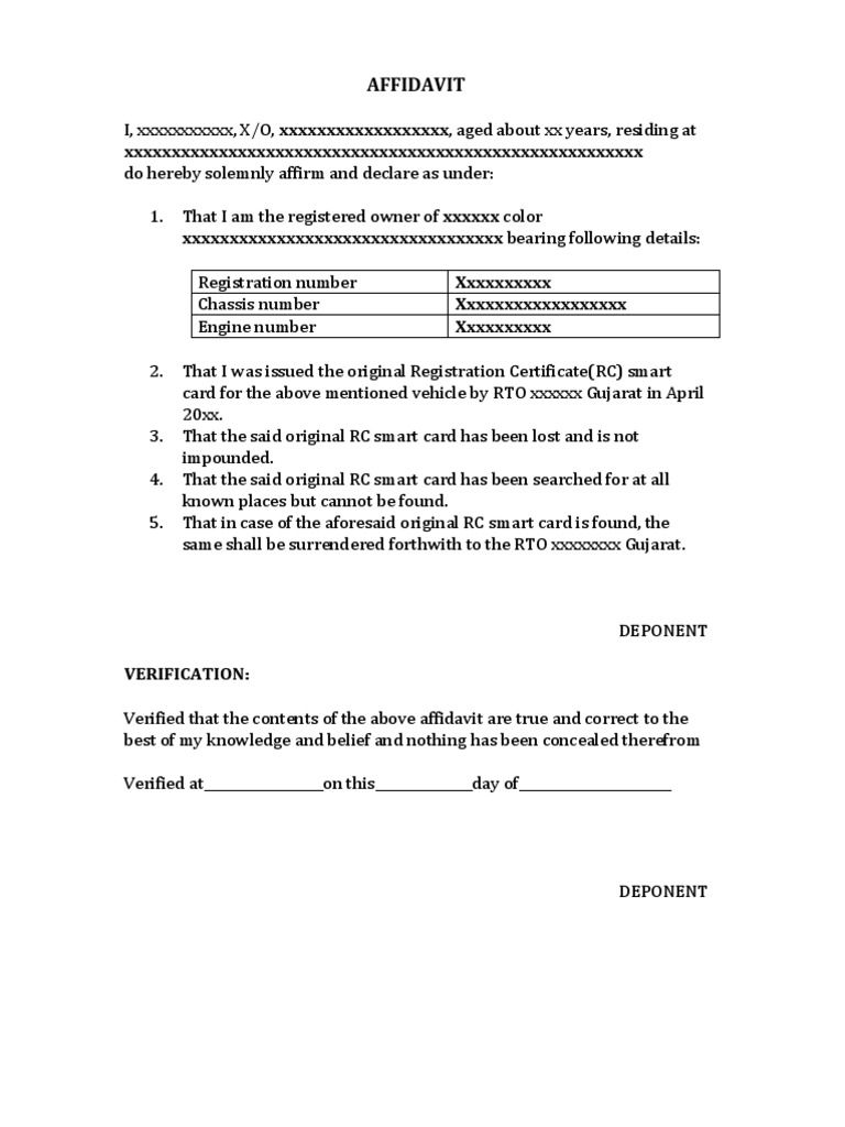 Sample Affidavit For RC Book Lost PDF