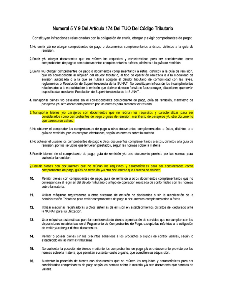 Numeral 5 Y 9 Del Artículo 174 Del TUO Del Código Tributario | PDF