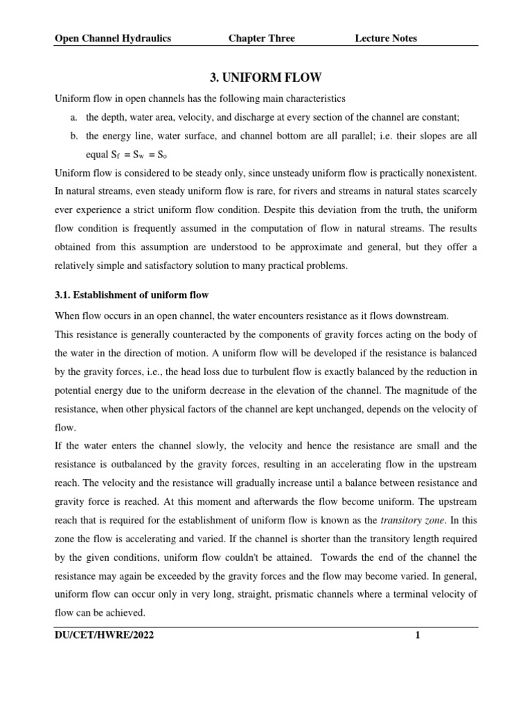 Uniform Flow Open Channel Hydraulics Chapter Three Lecture Notes PDF