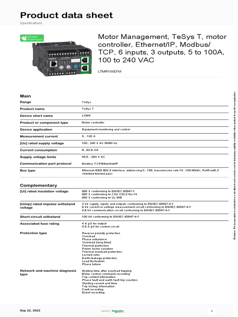 TeSys T Motor Controller Product Data Sheet Specifications for an
