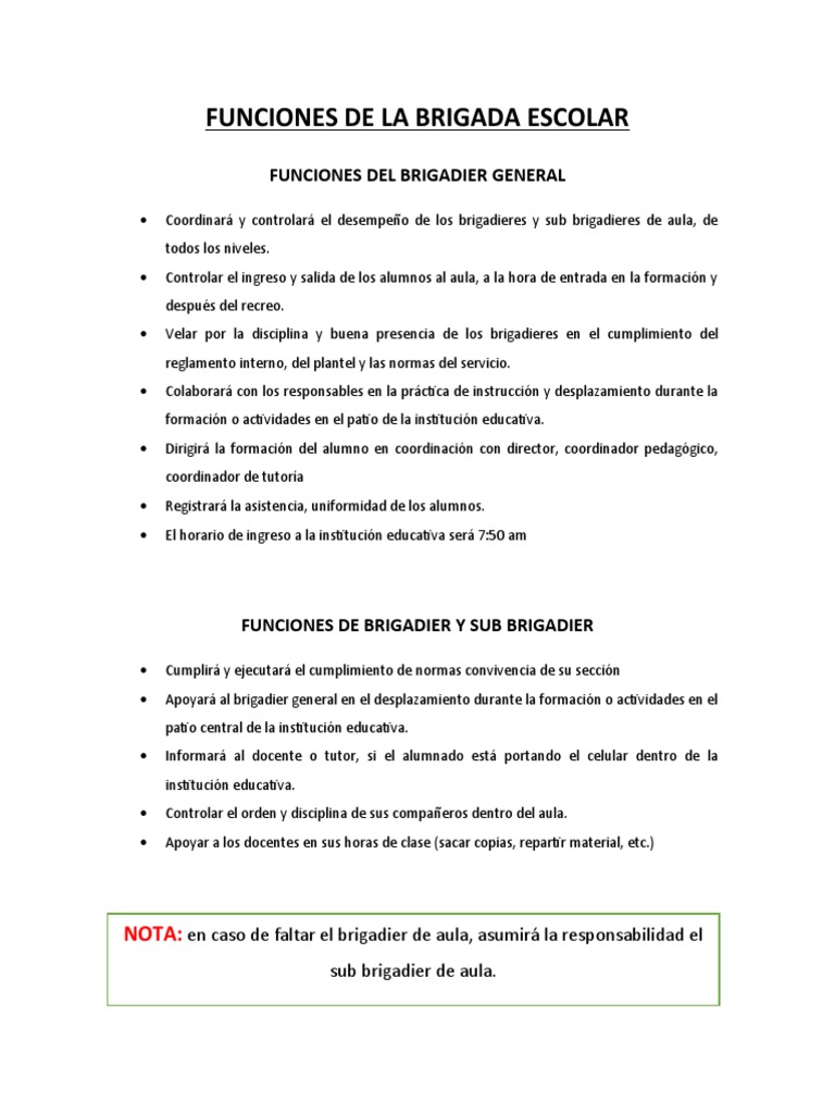 Funciones de La Brigada Escolar | PDF