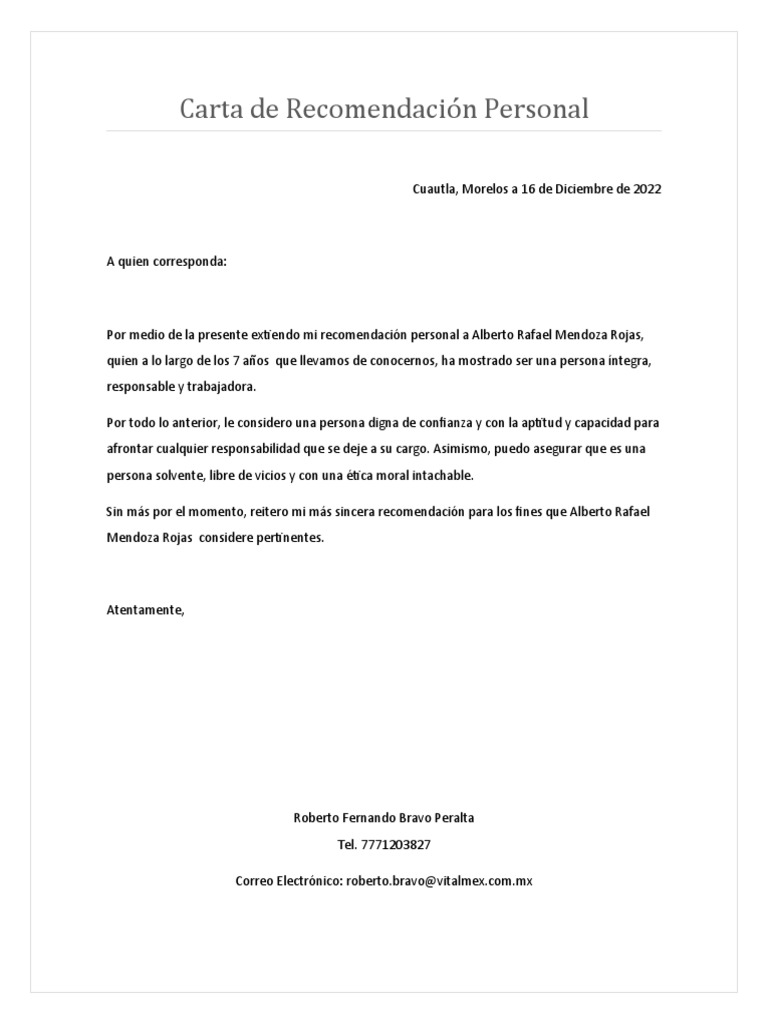 Recomendación Personal para Alberto Mendoza | PDF