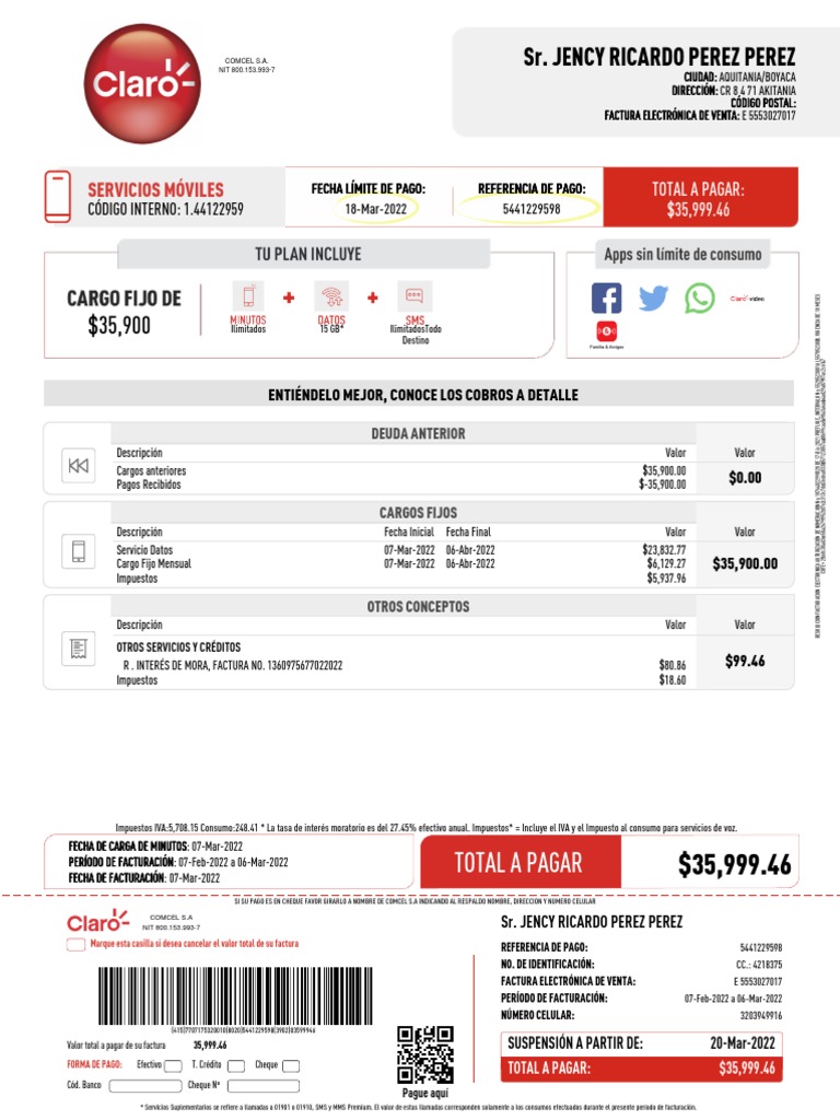 Factura Electrónica COMCEL Mar 2022 | PDF | Factura | Dinero