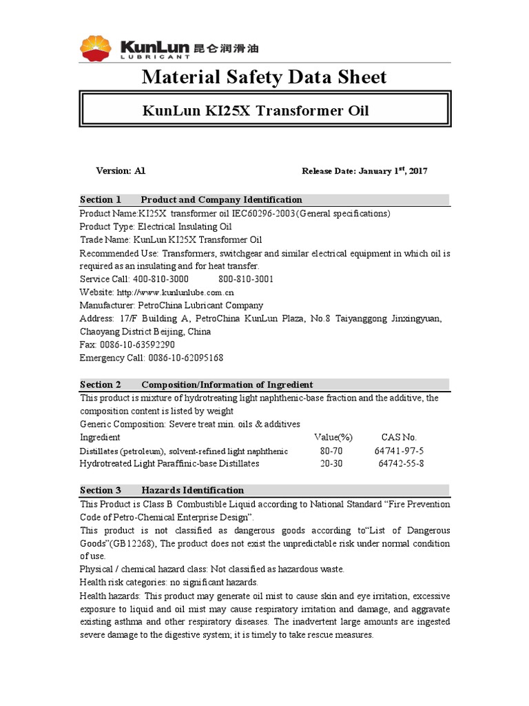 MSDS KI25X Transformer Oil PDF Water Carbon Dioxide