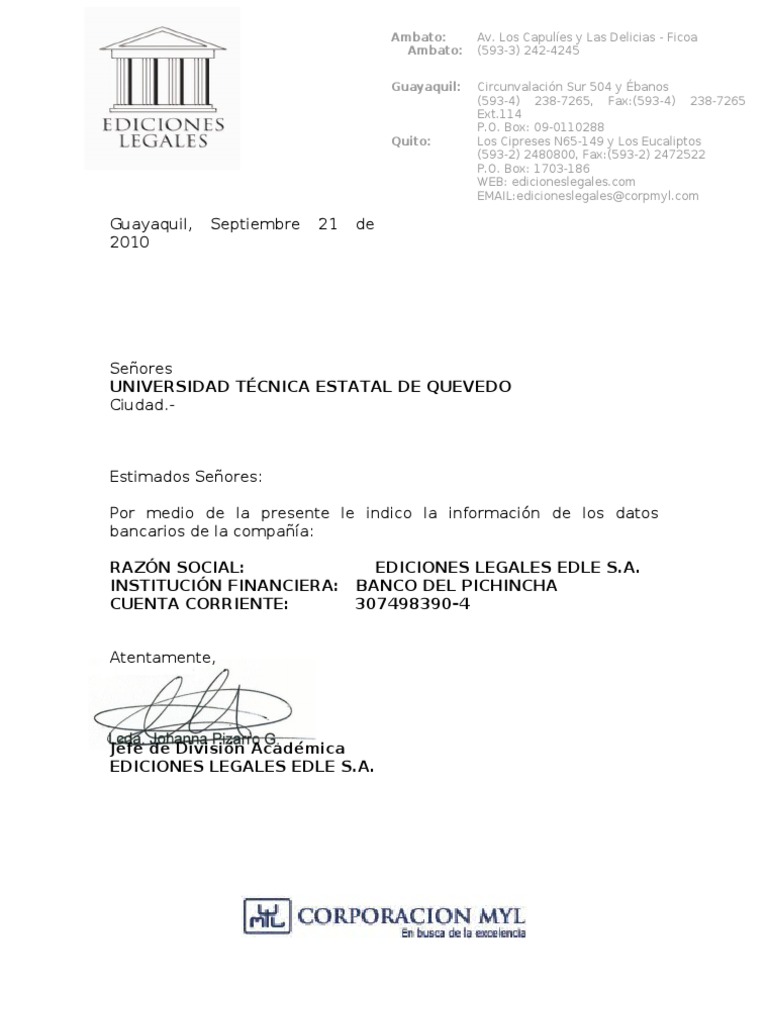 Carta Datos Bancarios Ediciones Legales