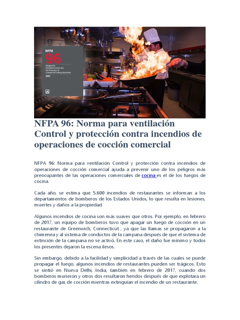 NFPA 96 Resumen PDF Cocina Protección contra incendios