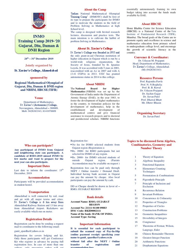 INMO Training Camp 2019-20 Details | PDF | Cheque | Mathematics