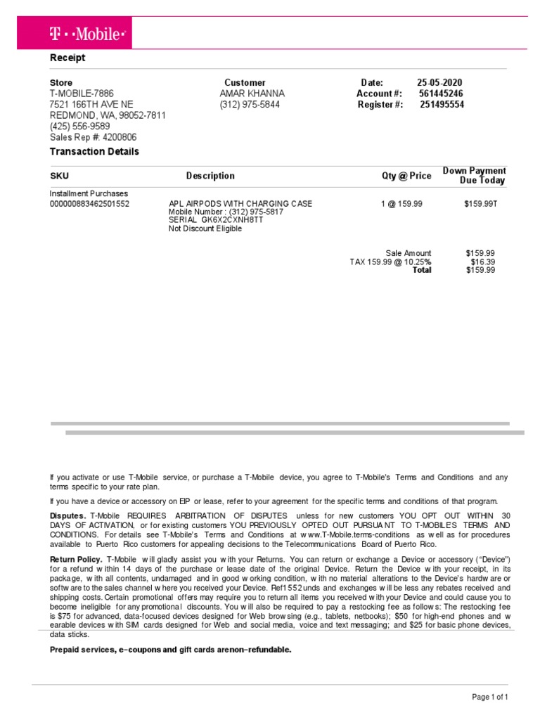 T-Mobile Purchase Receipt Template | PDF | T Mobile Us | Receipt
