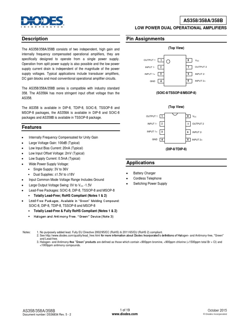 AS358 Diodes | PDF | Operational Amplifier | Amplifier