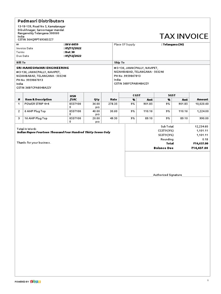 Tax Invoice for Padmasri Distributors | PDF | Government | Taxation