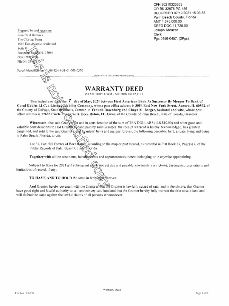 Warranty Deed First American Sale of Schneider Property For 1,675,000.