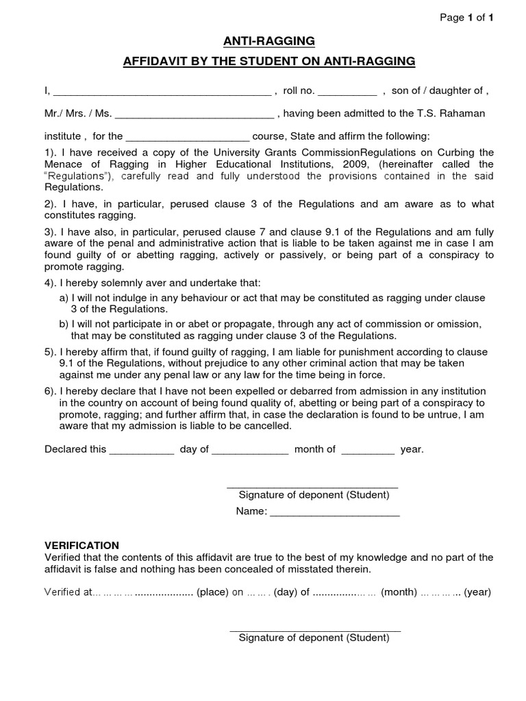 Student Anti-Ragging Affidavit Template | PDF | Affidavit | Justice