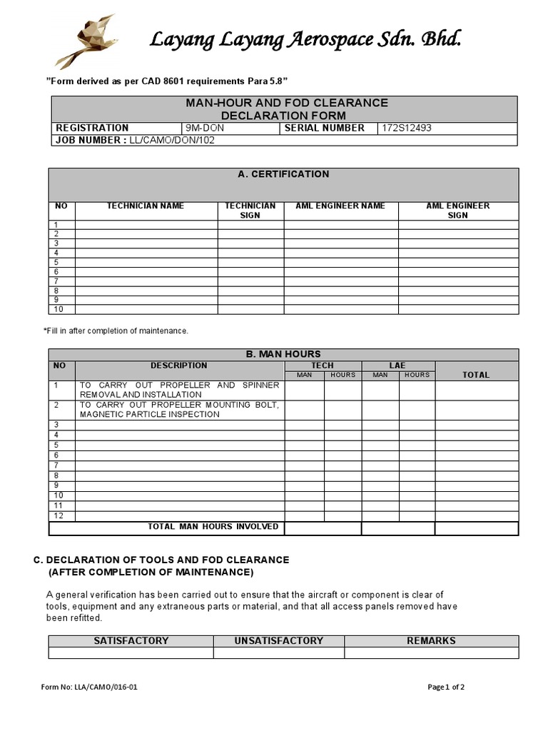 Llacamo 016-01 (Man-Hour and Fod Clearance Declaration Form) | PDF