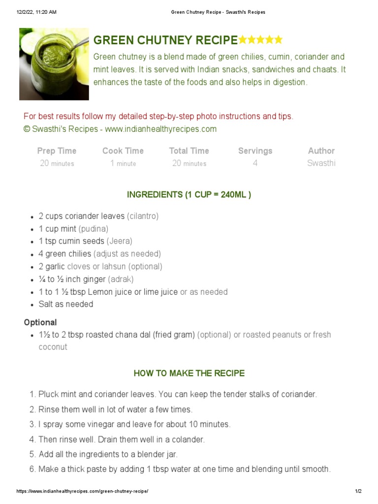 Green Chutney Recipe Swasthi's Recipes PDF Chutney Coriander