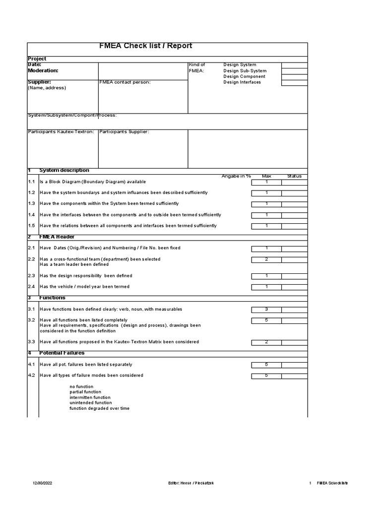 FMEA Checklist for Design Evaluation | PDF | System | Software Engineering