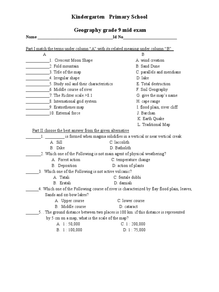 Kindergarten Primary School Geography Grade 9 Mid Exam PDF Virtue