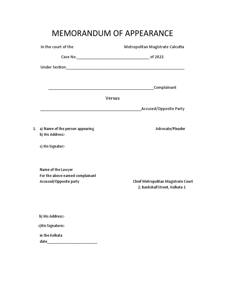 Memorandum of Appearance Template | PDF