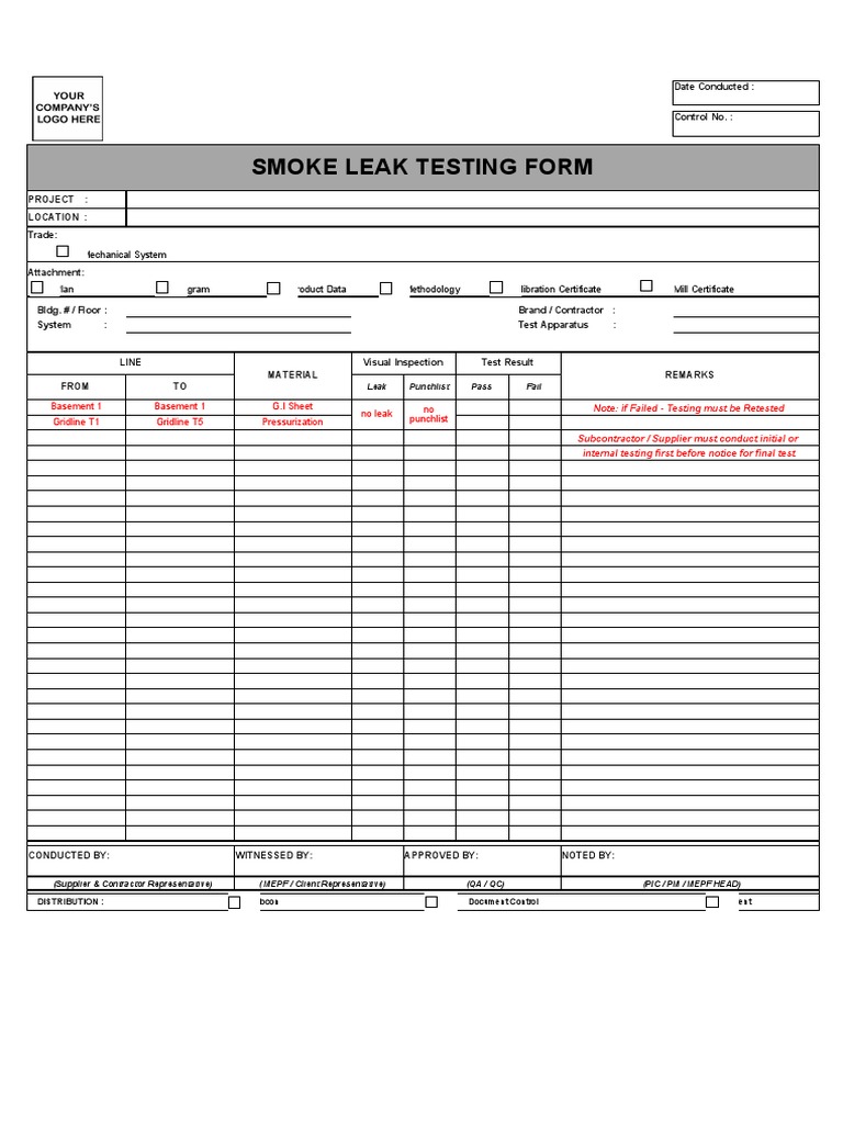 Smoke Leak Testing Form Template | PDF