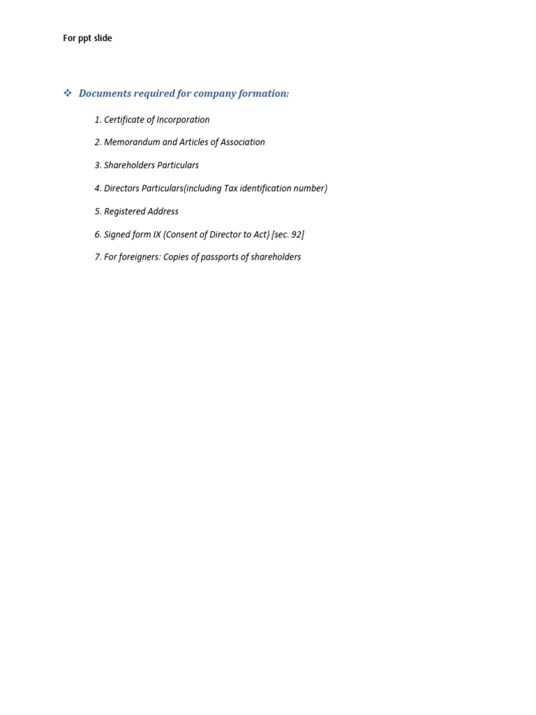 Documents Required For Company Formation | PDF