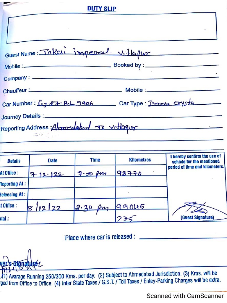 Duty Slip - 7th & 8th | PDF