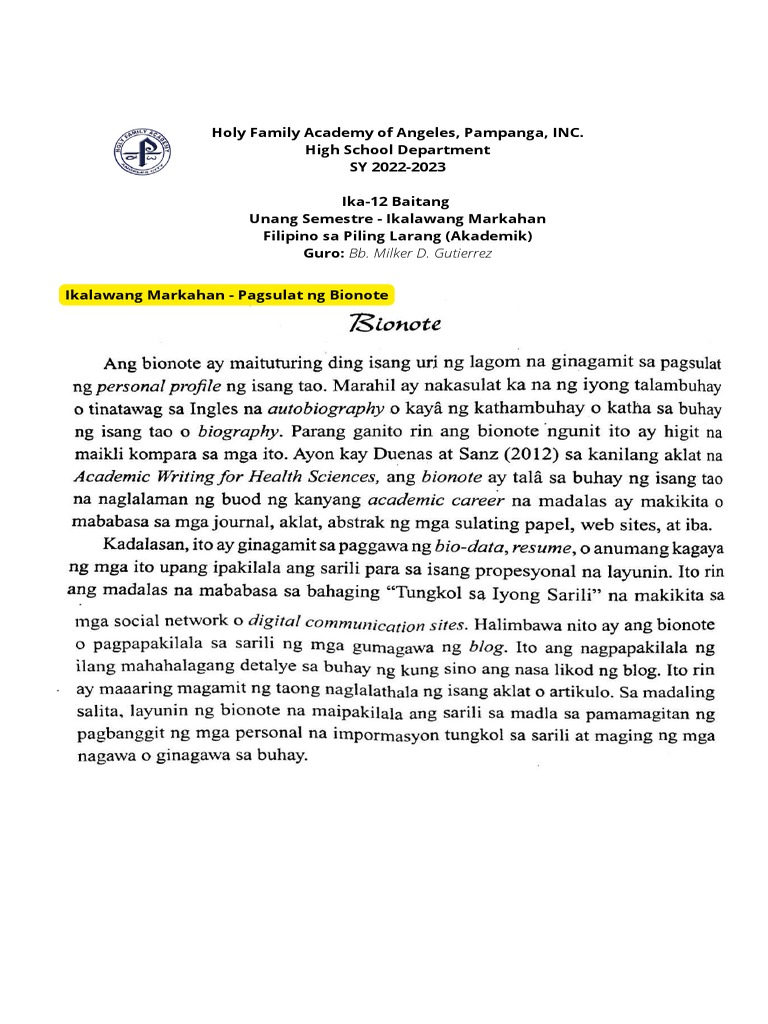 Bionote Writing Example Guide | PDF
