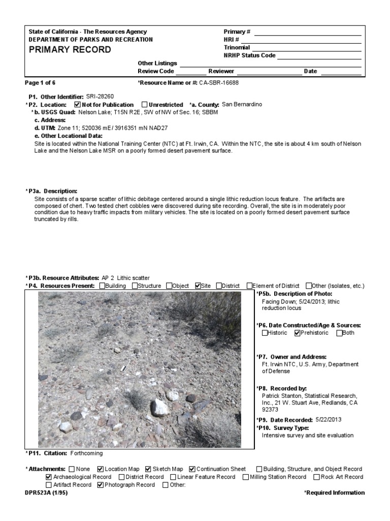 Archaeological site record for ca sbr 16688 a lithic scatter site