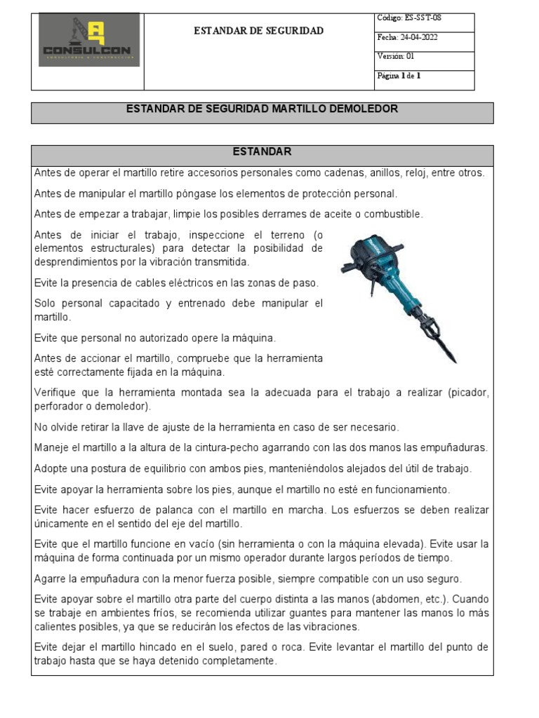 Seguridad en el Uso del Martillo Demoledor | PDF | Herramientas ...