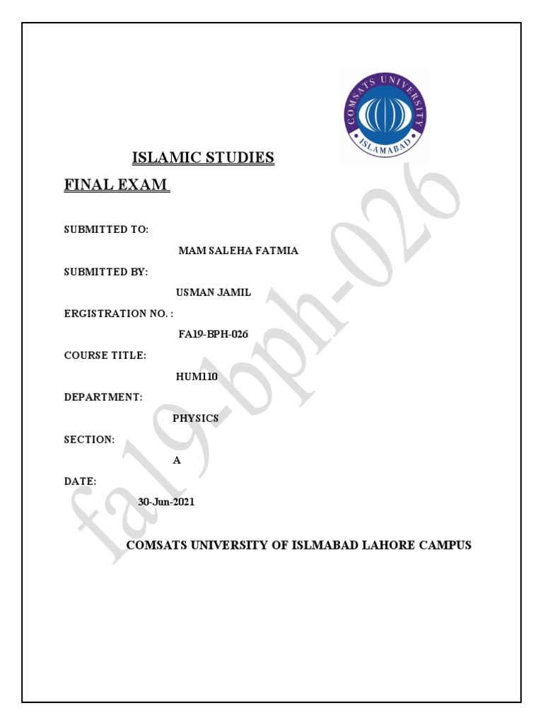Fa19-Bph-026 Islamic Studies Final Exam | PDF | Prophets And Messengers ...