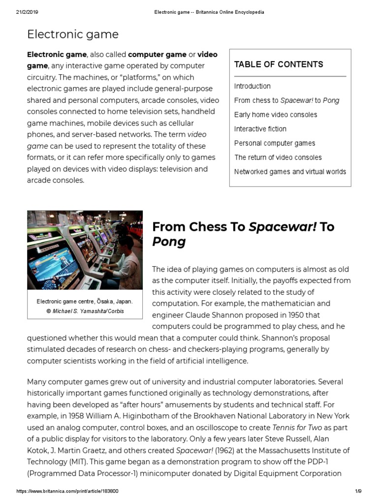 Electronic Game Britannica Online Encyclopedia Pdf Video Game