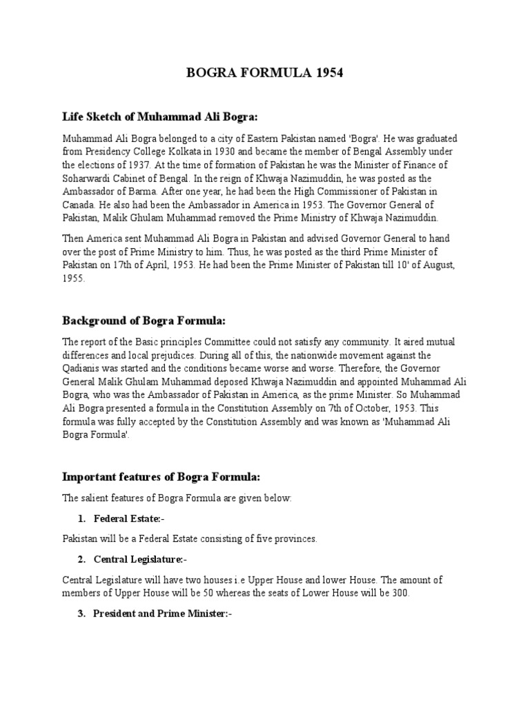 Overview of the Bogra Formula 1953 | PDF | Constitutional Law | Government