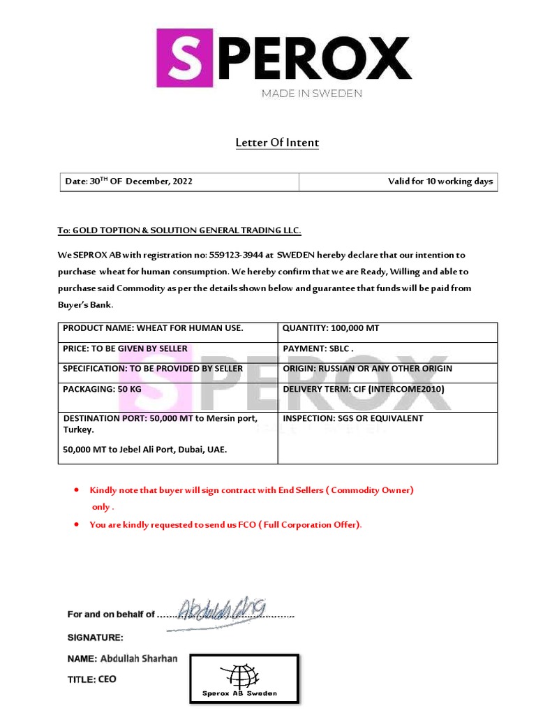 Intent to Purchase 100k MT Wheat | PDF