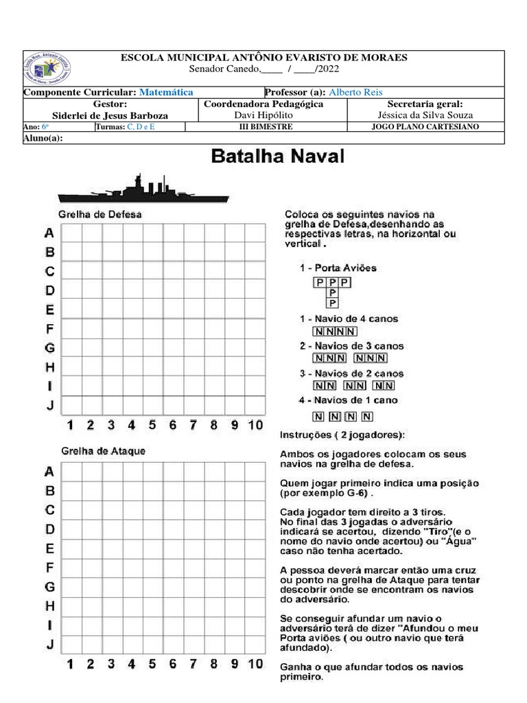 6º Ano 2022 - 08 - 25 - Batalha Naval e Plano Cartesiano | PDF ...