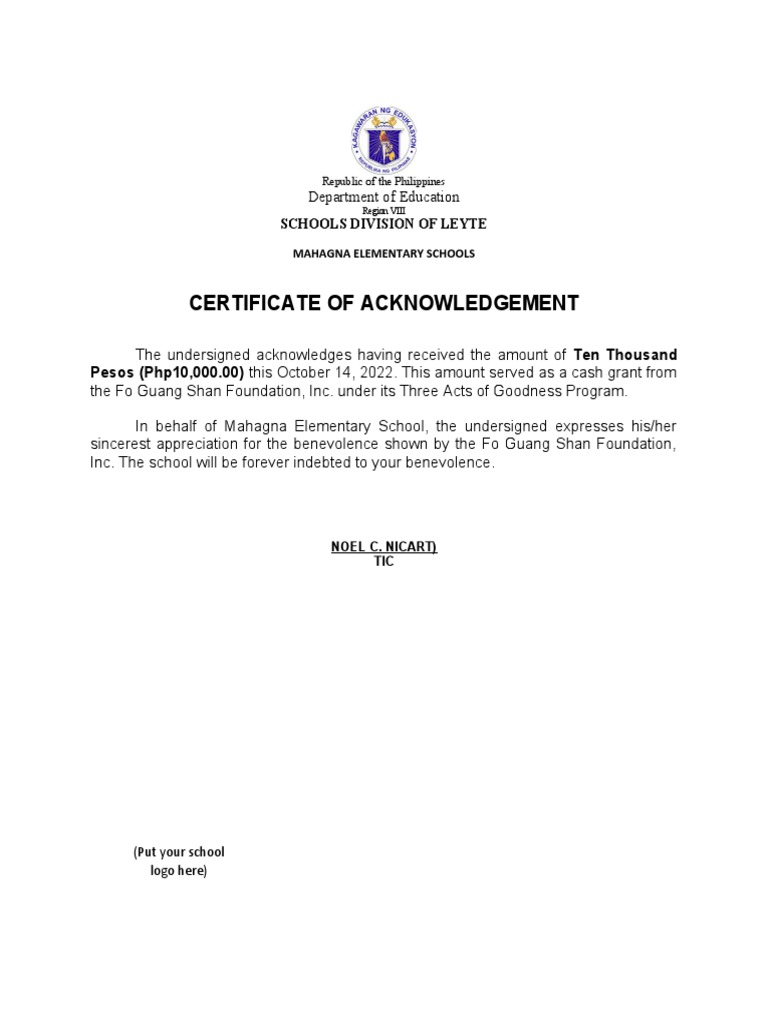 Acknowledgment Certificate for Grant | PDF