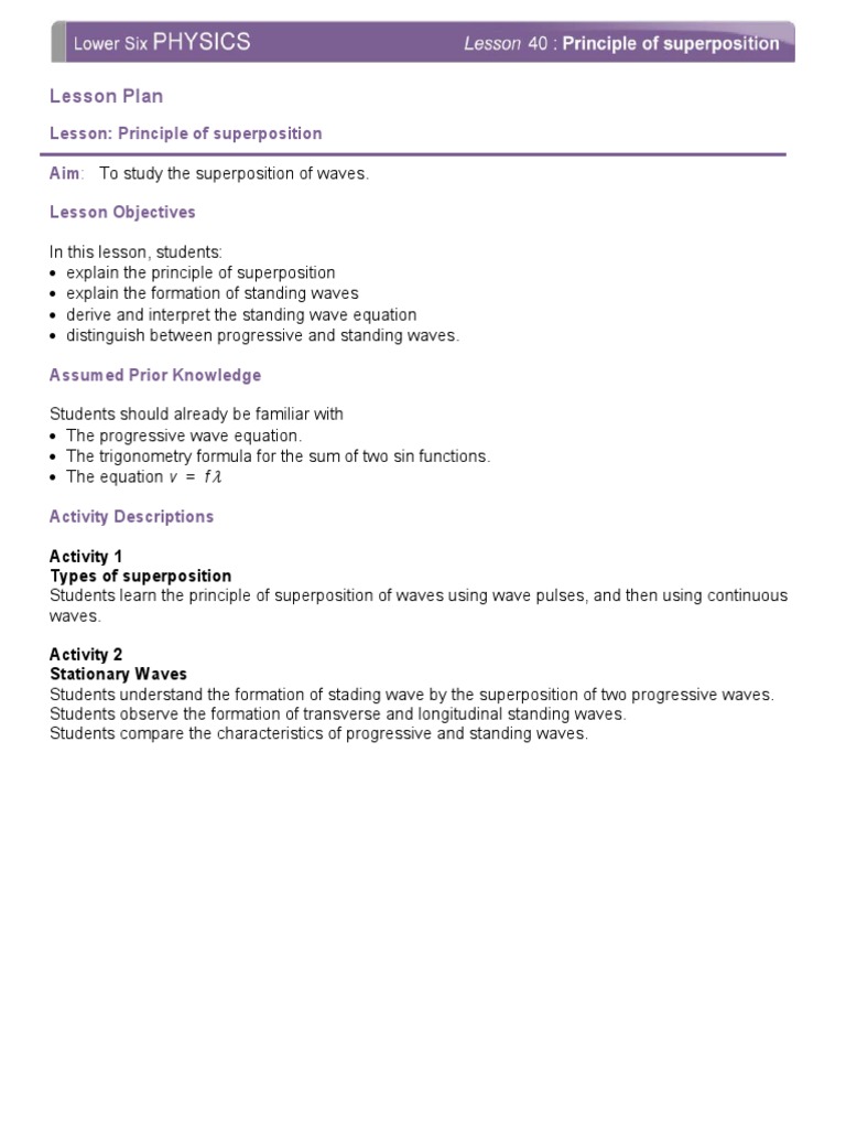 Lesson Plan: Lesson: Principle of Superposition Aim: Lesson Objectives ...