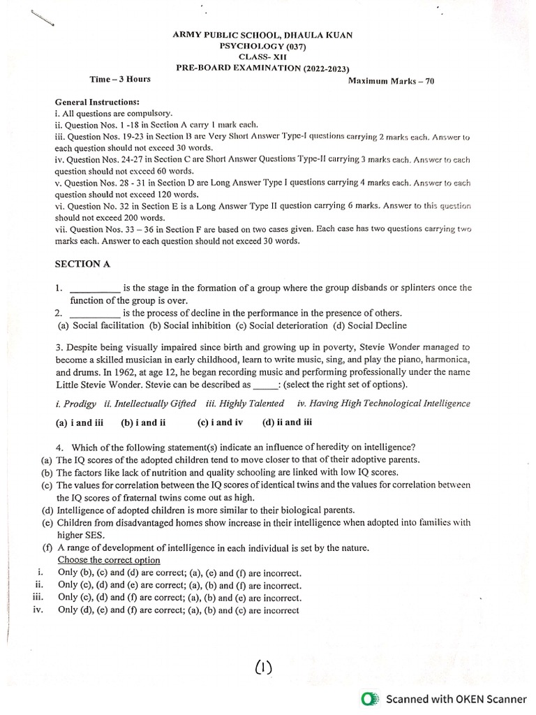 Pre Board 1 Question Paper Psychology PDF