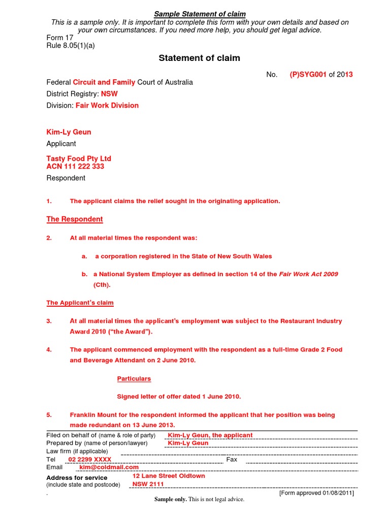 Sample statement of claim pdf labor justice