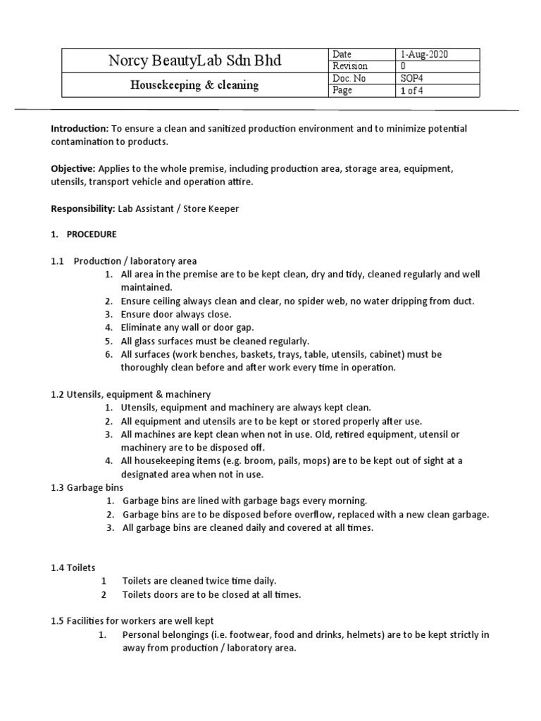 SOP Housekeeping&Cleaning PDF Housekeeping Laboratories