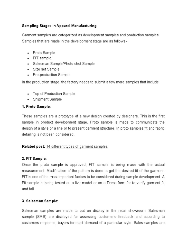 Sampling Stages in Apparel Manufacturing PDF Clothing Sales