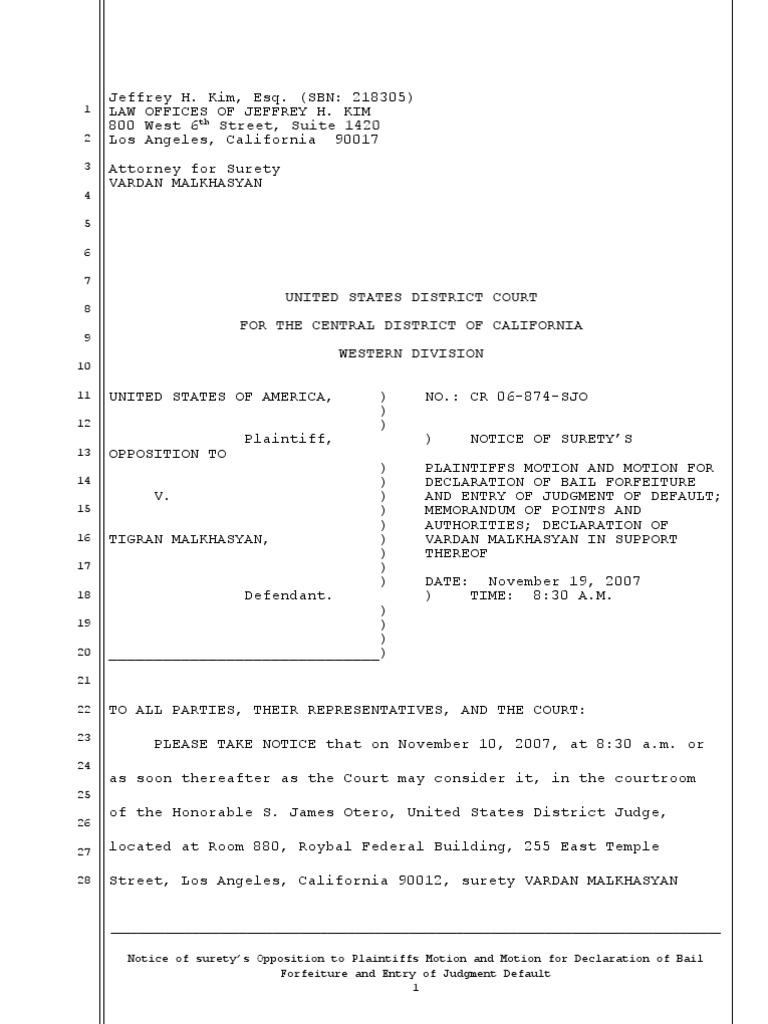 Opposition To Motion For Bond Forfeiture PDF Surety Bond Bail