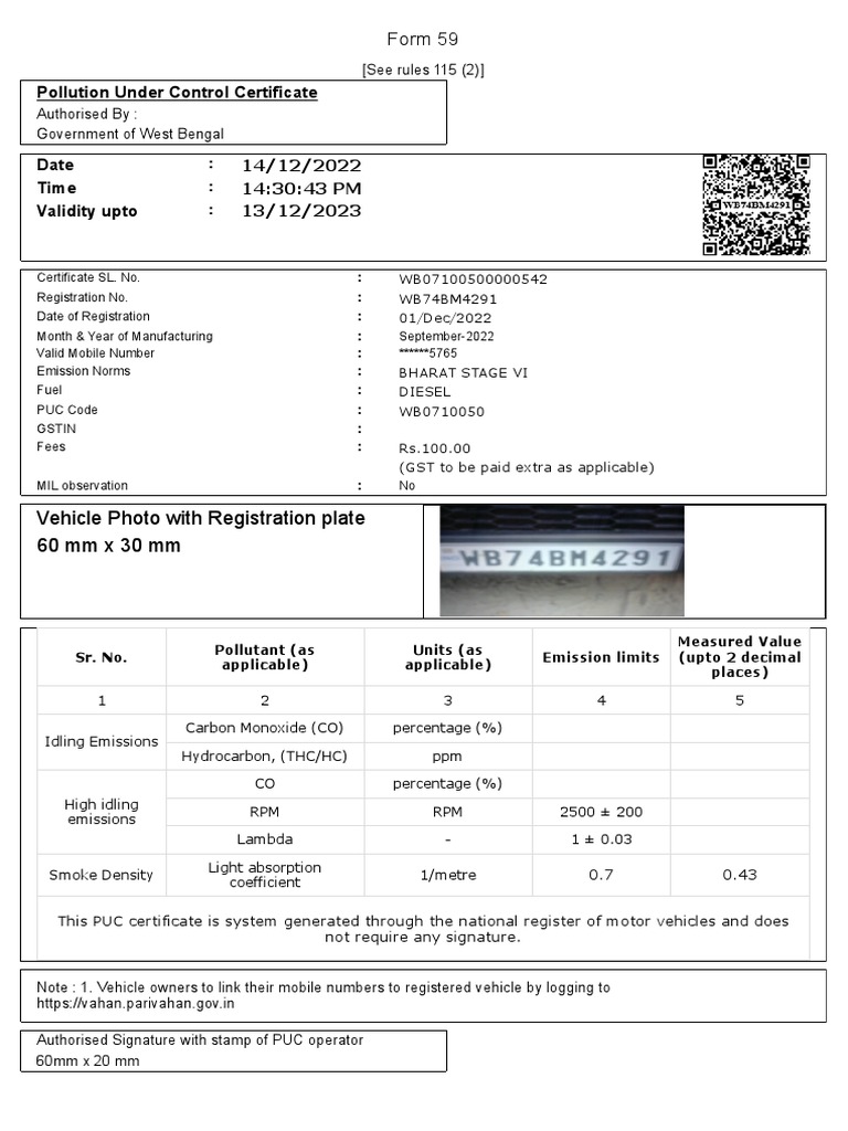 Pollution Under Control Certificate: Form 59 | Download Free PDF ...