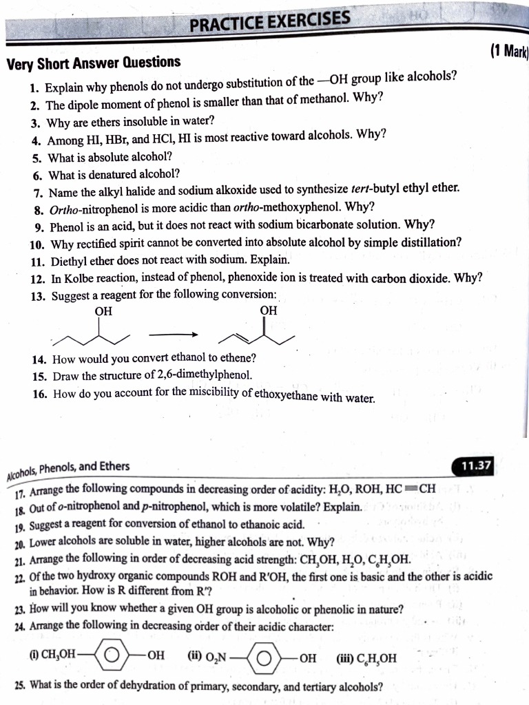 Practice Questions On Alcohols and Phenols PDF Chemical Substances