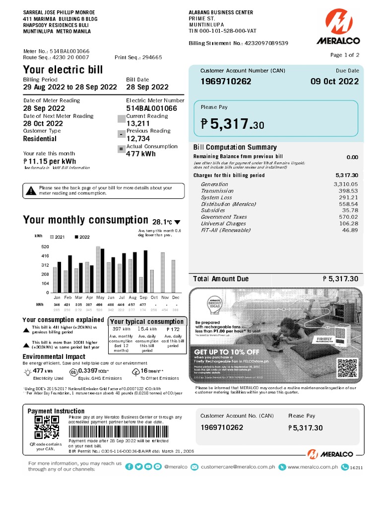 Electricity Bill Summary for October 2022 | PDF