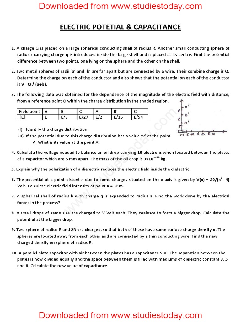 Cbse class 12 physics worksheet electric potetial capacitance